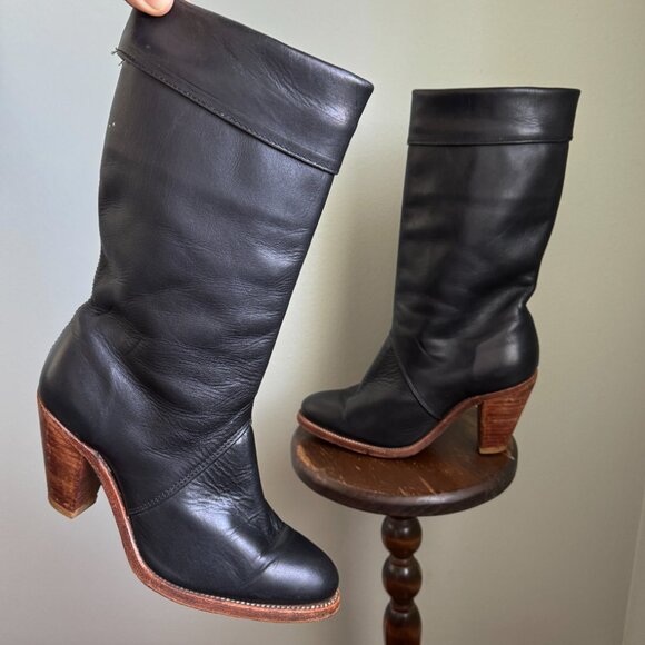 Frye Black Leather Stacked Heel Boots Vintage 1970s - Picture 3 of 14